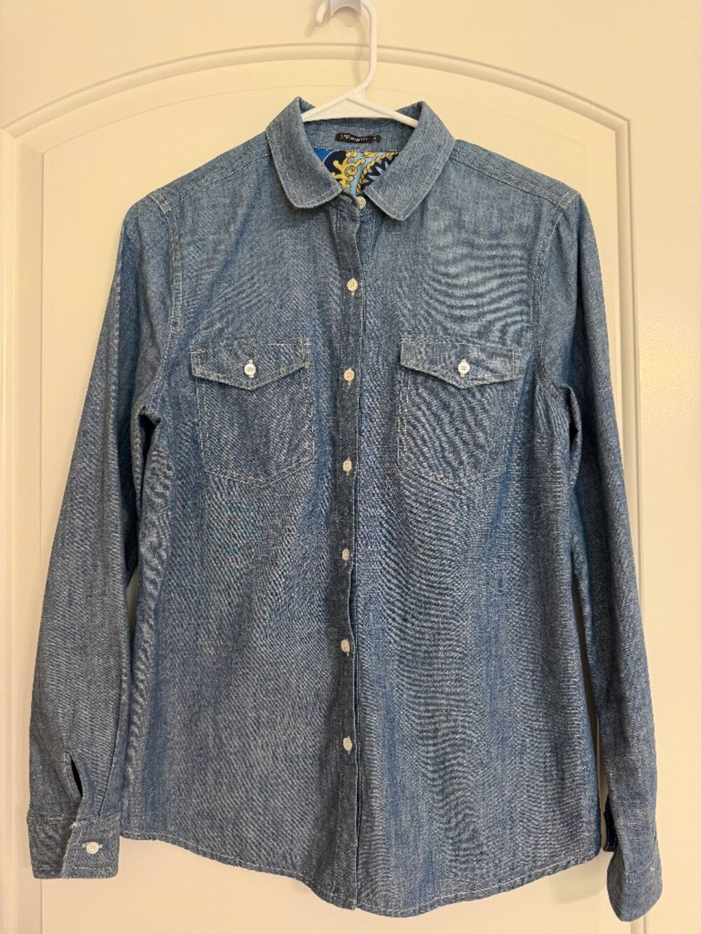 J. McLaughlin Button Down Cotton Denim Shirt with Contrast Print
